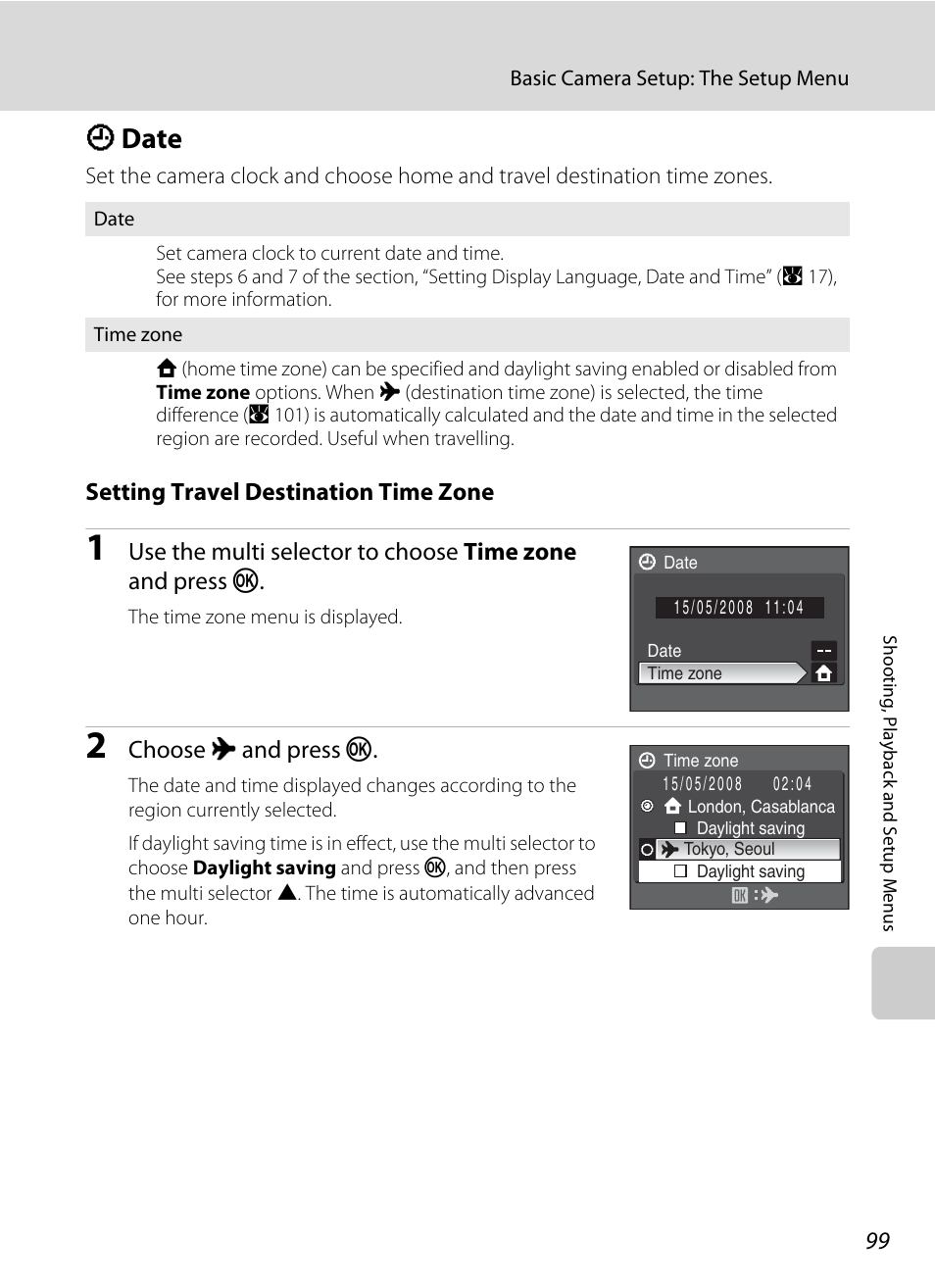 Date, D date, A 99 | A 99), Setting travel destination time zone, Choose x and press k | Nikon P60 User Manual | Page 111 / 144