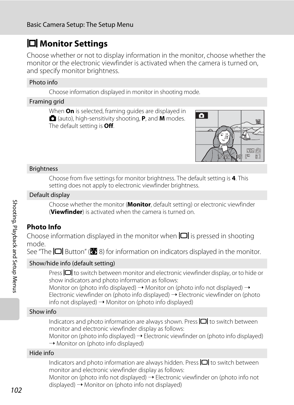 Monitor settings, E monitor settings, A 102 | Nikon P60 User Manual | Page 114 / 144