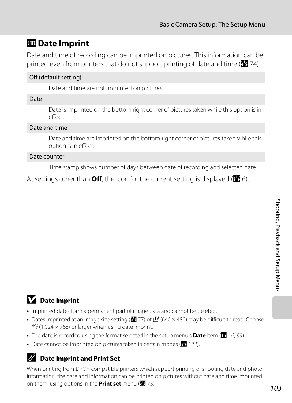 Date imprint, F date imprint, A 103) | A 103 | Nikon P60 User Manual | Page 115 / 144