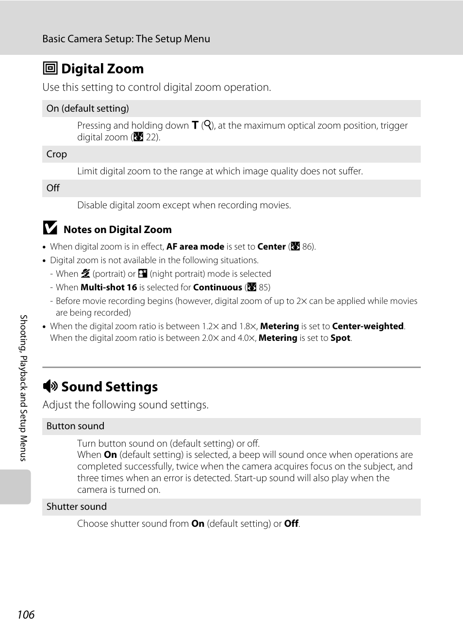 Digital zoom, Sound settings, U digital zoom i sound settings | A 106), A 106, U digital zoom, I sound settings | Nikon P60 User Manual | Page 118 / 144