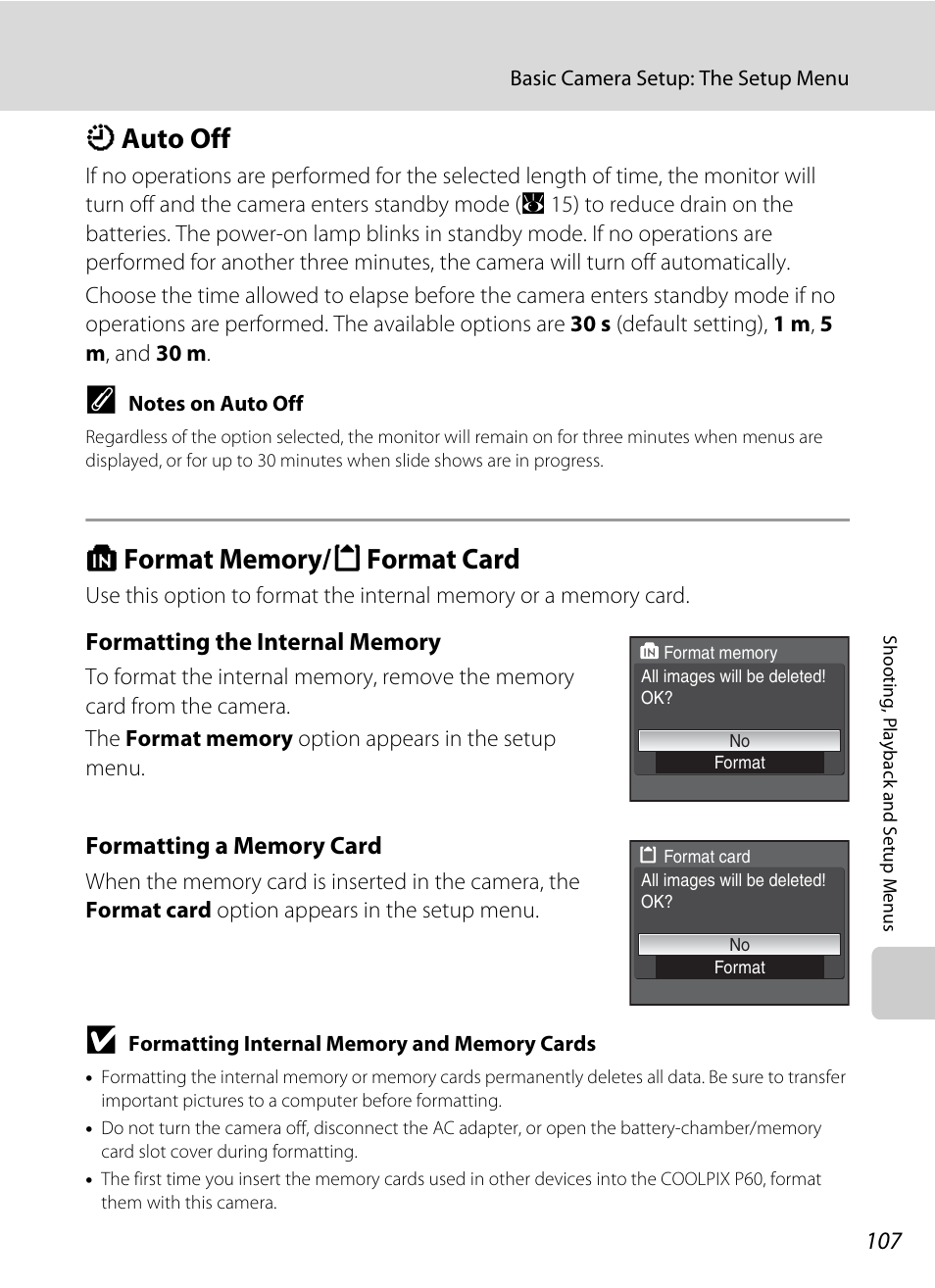 Auto off, Format memory/format card, K auto off l format memory/m format card | A 107), A 107, K auto off | Nikon P60 User Manual | Page 119 / 144