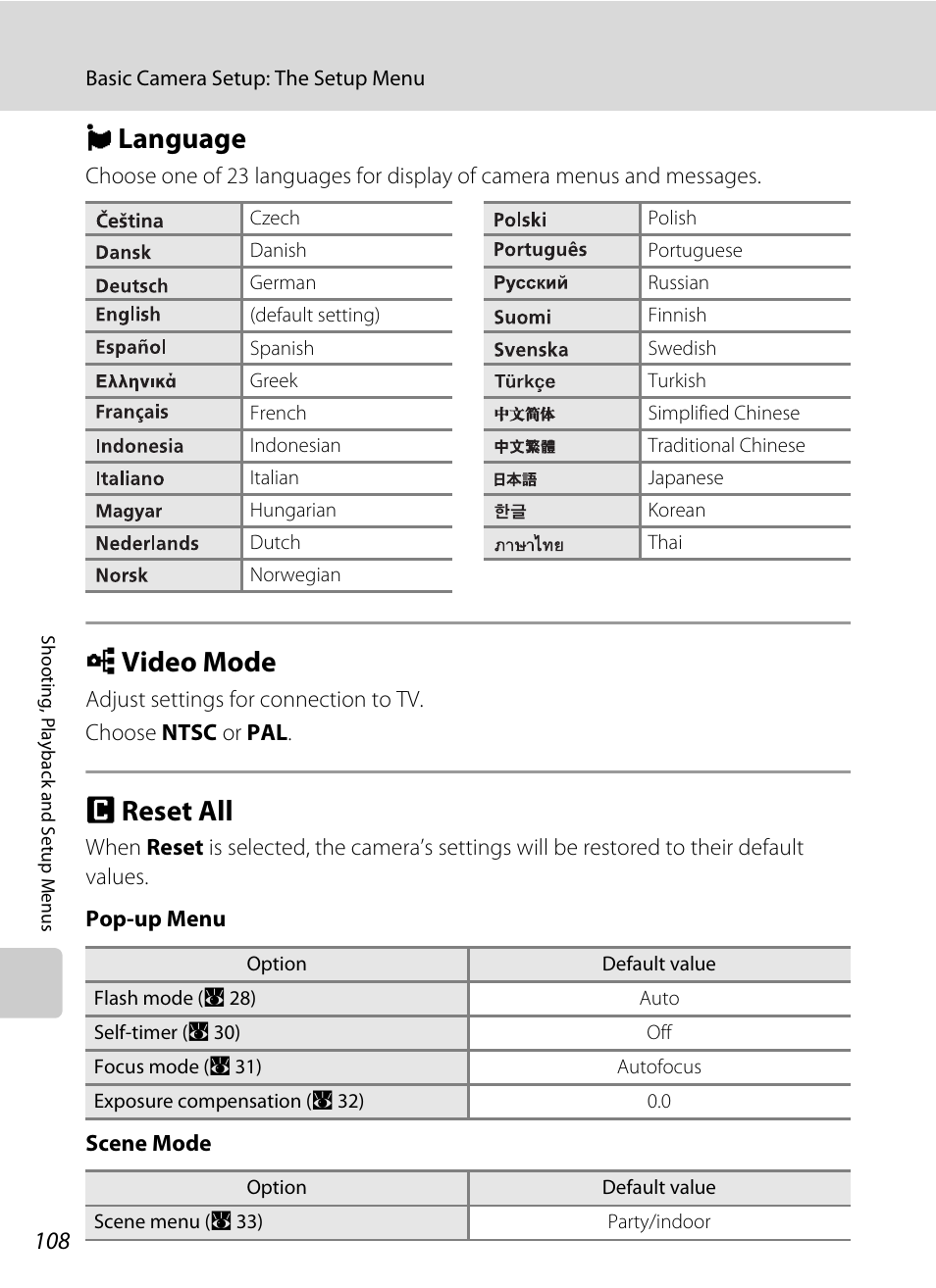 Language, Video mode, Reset all | N language o video mode p reset all, A 108, N language, O video mode, P reset all | Nikon P60 User Manual | Page 120 / 144