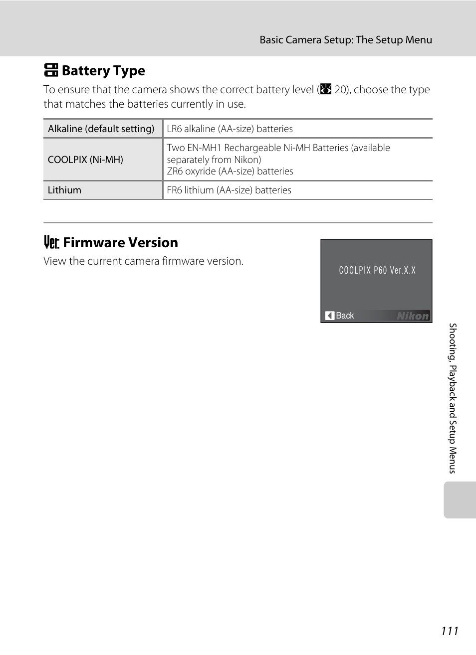 Battery type, Firmware version, S battery type r firmware version | A 111), A 111, S battery type, R firmware version | Nikon P60 User Manual | Page 123 / 144