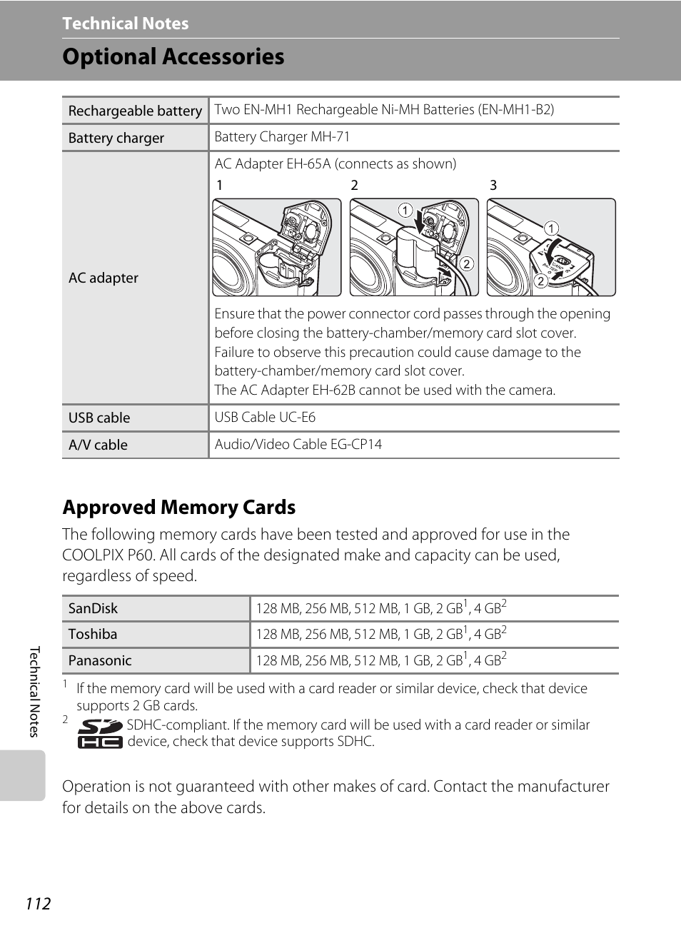 Technical notes, Optional accessories, Approved memory cards | A 112) | Nikon P60 User Manual | Page 124 / 144