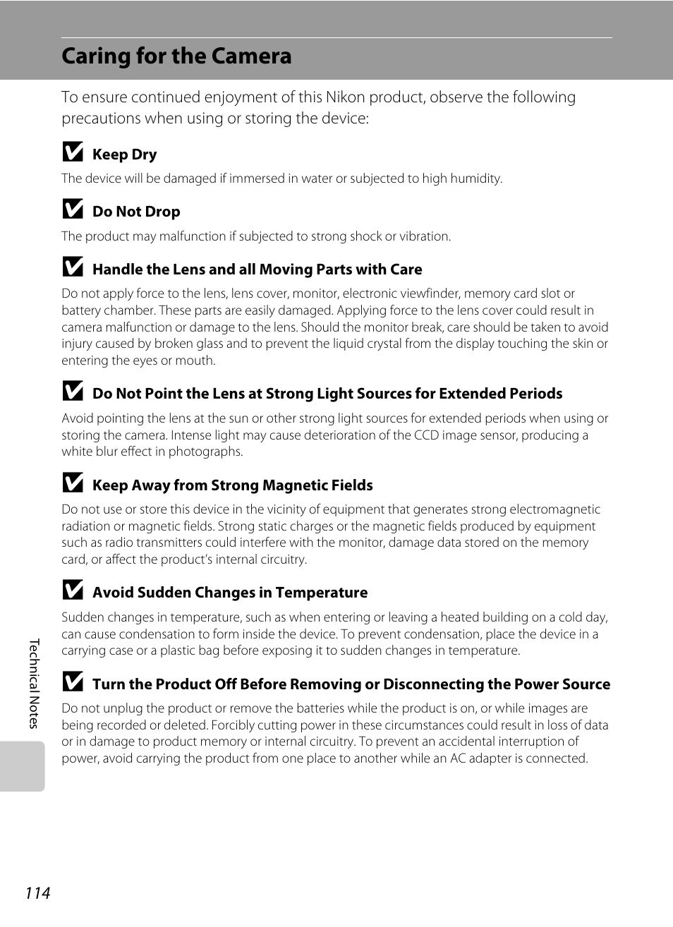 Caring for the camera | Nikon P60 User Manual | Page 126 / 144