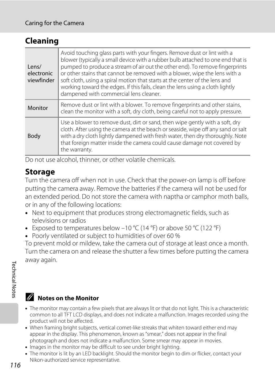 Cleaning, Storage, Cleaning storage | Nikon P60 User Manual | Page 128 / 144