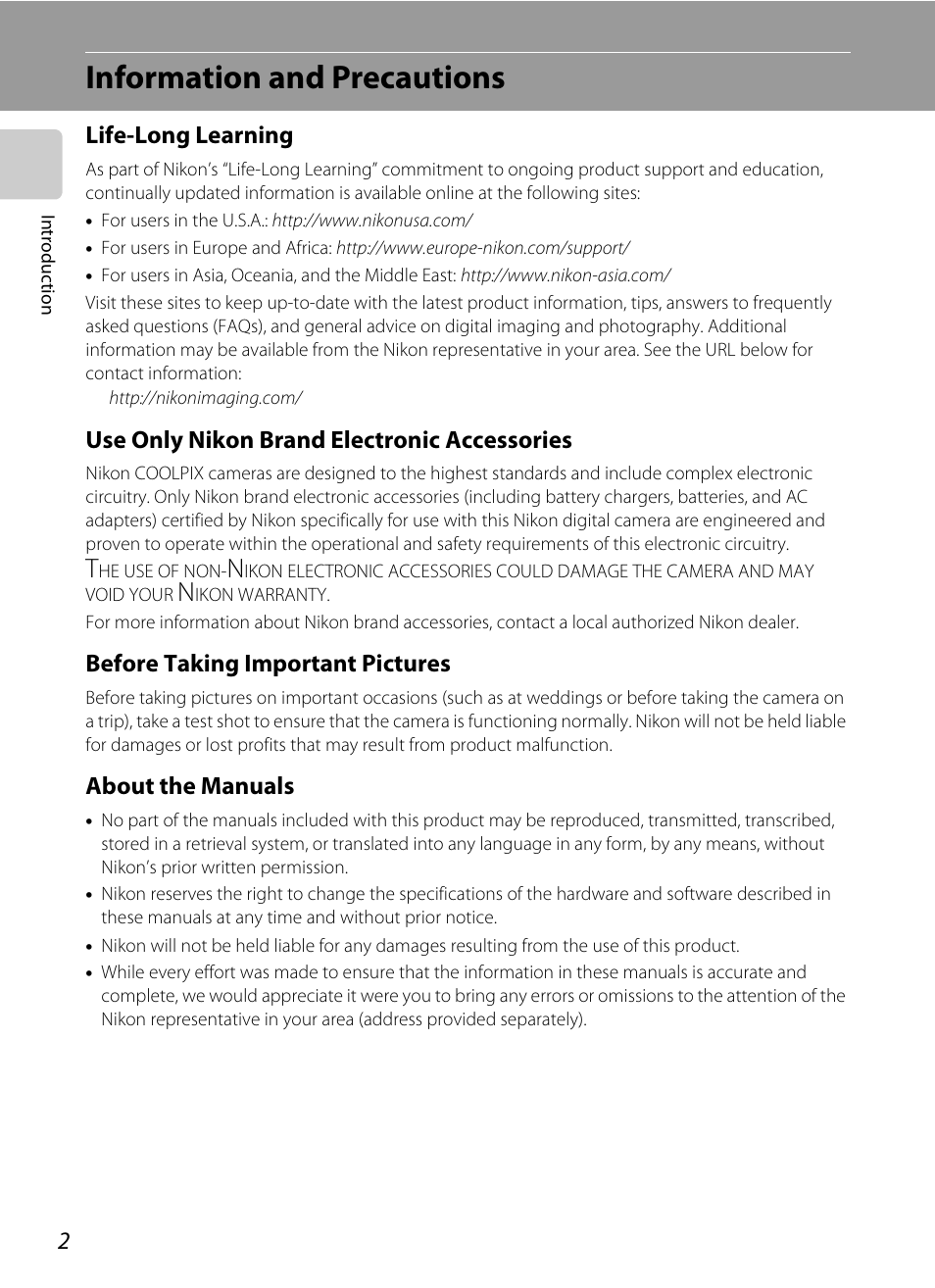 Information and precautions, Life-long learning, Use only nikon brand electronic accessories | Before taking important pictures, About the manuals | Nikon P60 User Manual | Page 14 / 144