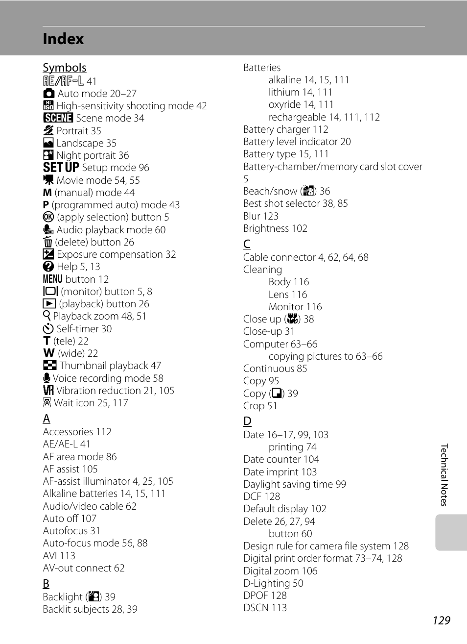 Index | Nikon P60 User Manual | Page 141 / 144