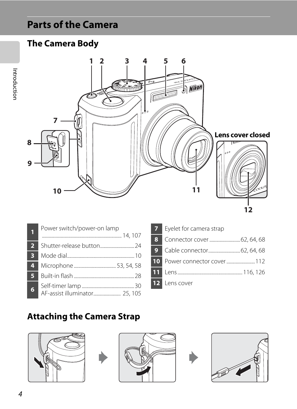 Parts of the camera, The camera body, Attaching the camera strap | The camera body attaching the camera strap | Nikon P60 User Manual | Page 16 / 144