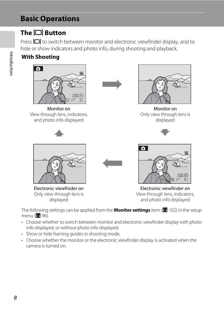 Basic operations, The monitor button, X button | X button” (a 8) for i, The x button | Nikon P60 User Manual | Page 20 / 144