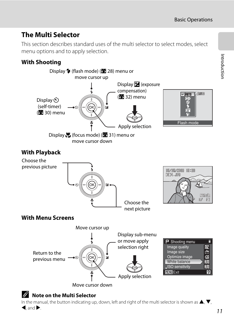 The multi selector, With shooting with playback with menu screens | Nikon P60 User Manual | Page 23 / 144