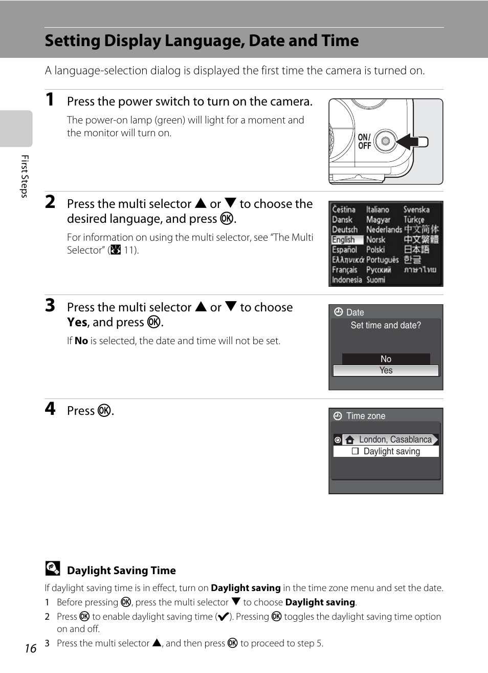 Setting display language, date and time | Nikon P60 User Manual | Page 28 / 144