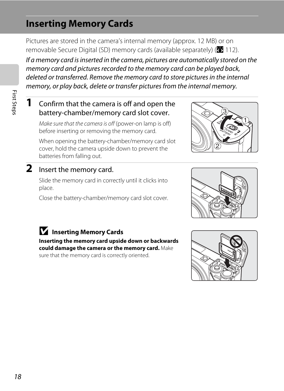 Inserting memory cards | Nikon P60 User Manual | Page 30 / 144