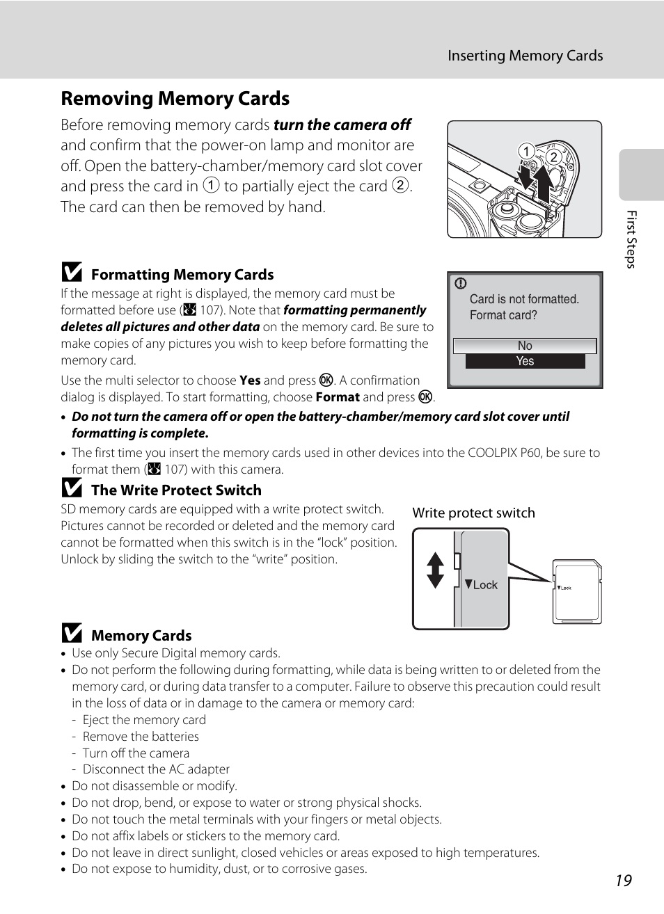 Removing memory cards | Nikon P60 User Manual | Page 31 / 144