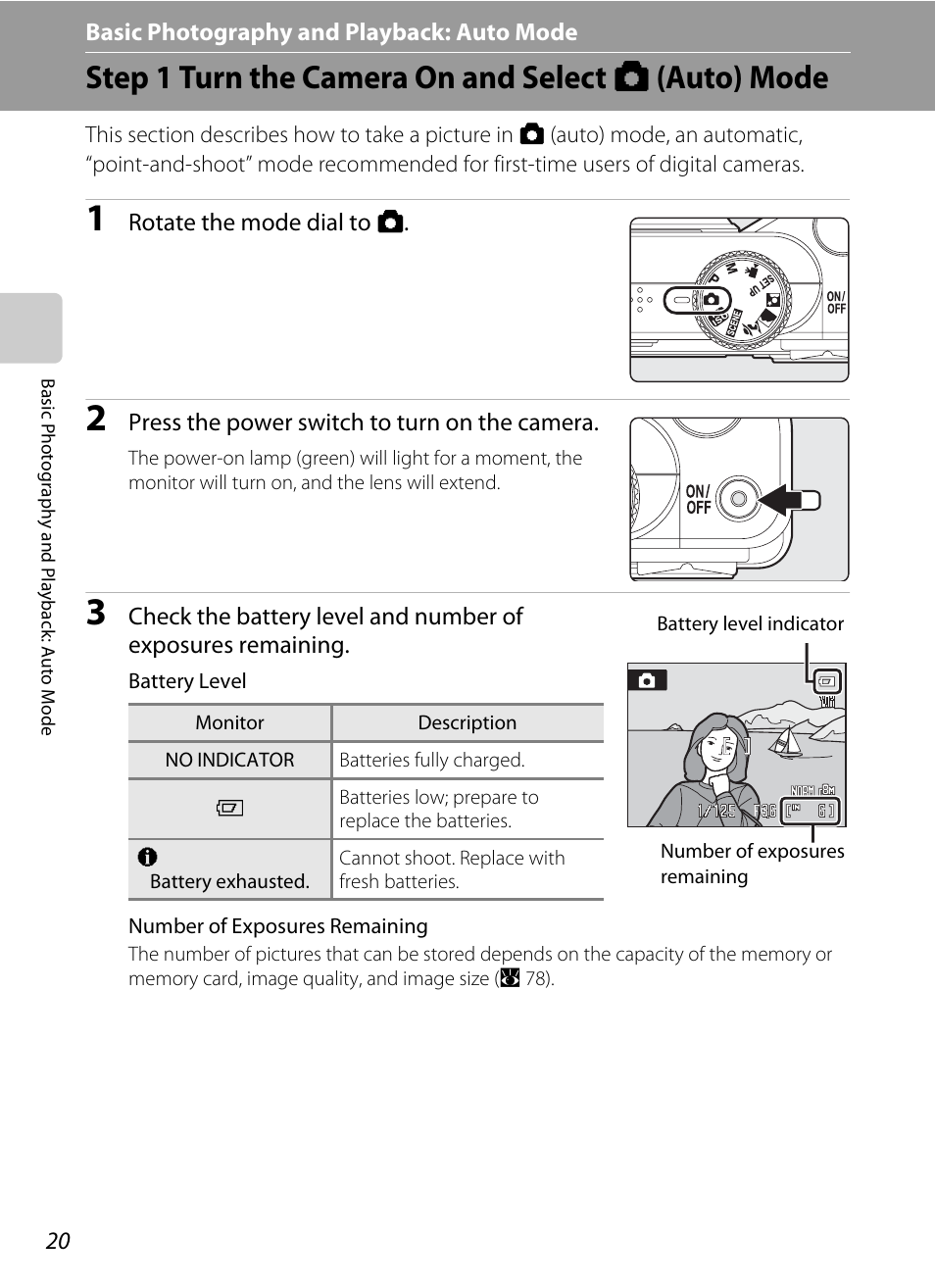 Basic photography and playback: auto mode, Step 1 turn the camera on and select auto mode, A basic photography and playback: auto mode | Step 1 turn the camera on and select a (auto) mode, A 20) | Nikon P60 User Manual | Page 32 / 144