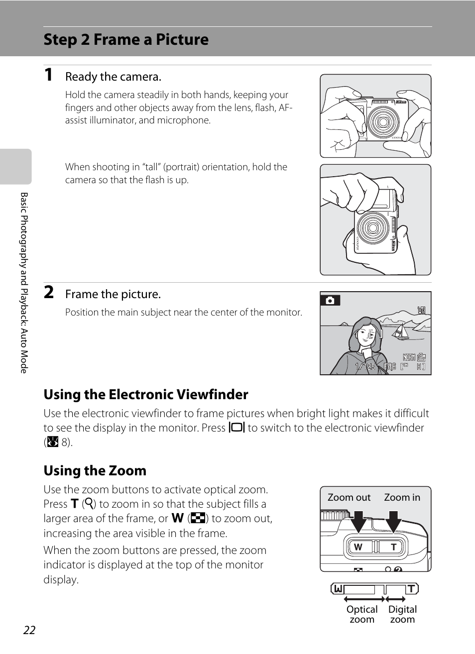 Step 2 frame a picture, Using the electronic viewfinder, Using the zoom | Nikon P60 User Manual | Page 34 / 144