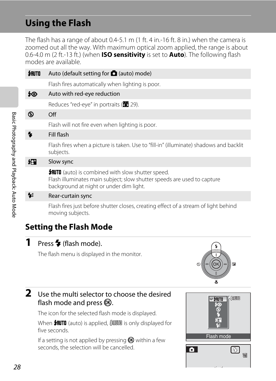 Using the flash, Setting the flash mode, A 28) menu | A 28) | Nikon P60 User Manual | Page 40 / 144