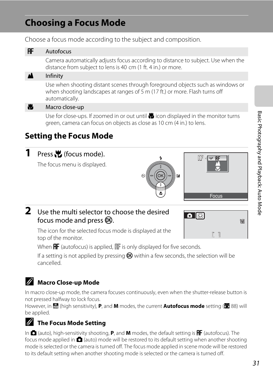 Choosing a focus mode, Setting the focus mode, A 31) men | A 31) and | Nikon P60 User Manual | Page 43 / 144