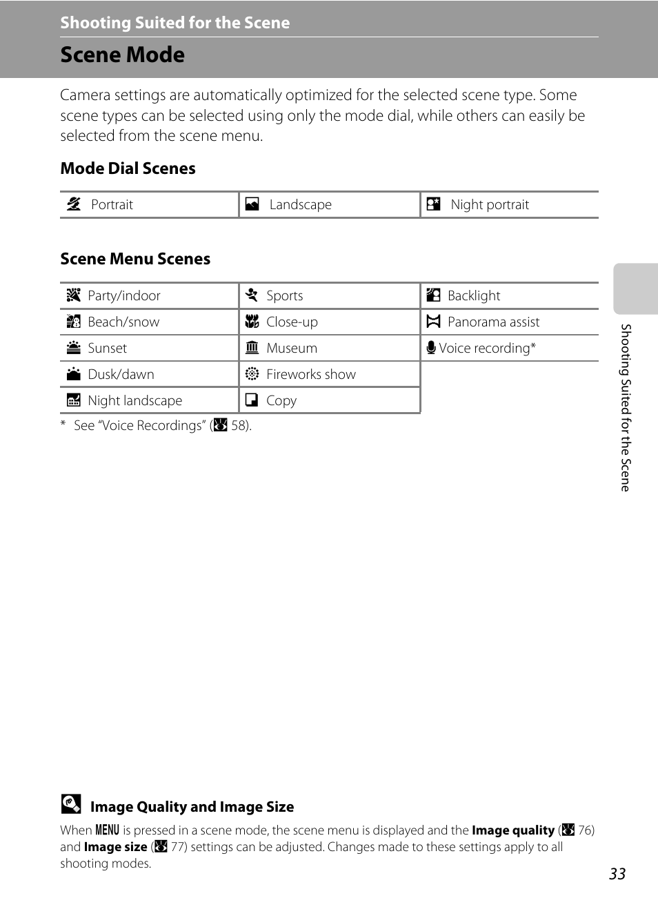 Shooting suited for the scene, Scene mode, Bce y | B c e y shooting suited for the scene, A 33), Mode dial scenes scene menu scenes | Nikon P60 User Manual | Page 45 / 144