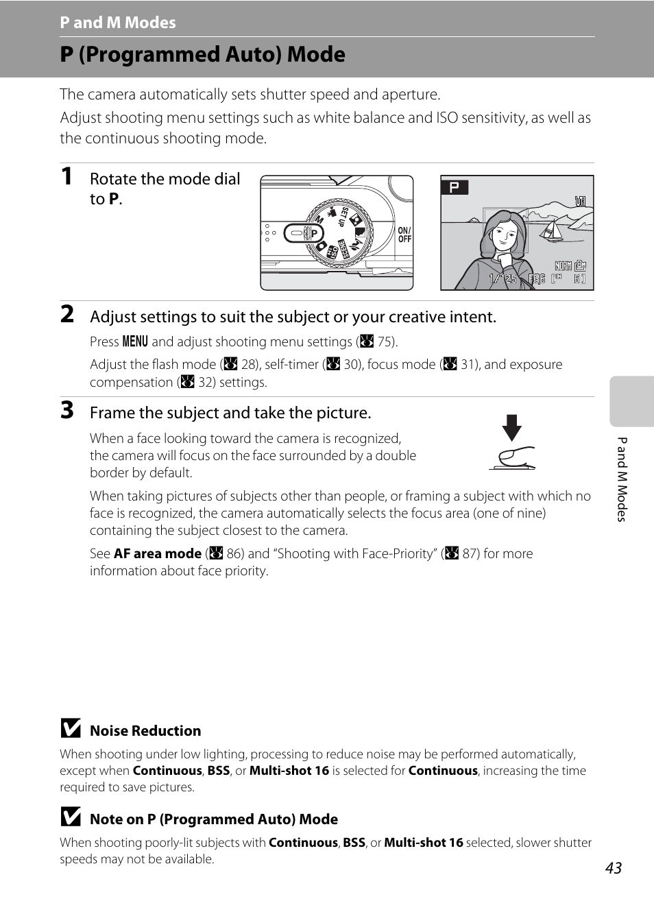 P and m modes, P (programmed auto) mode, Pm p and m modes | A 43, 44 | Nikon P60 User Manual | Page 55 / 144