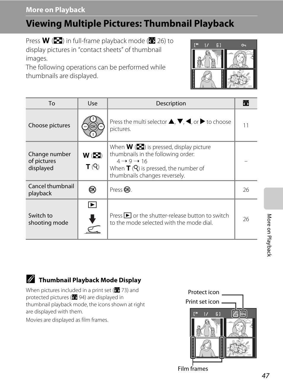 More on playback, Viewing multiple pictures: thumbnail playback, C more on playback | Nikon P60 User Manual | Page 59 / 144