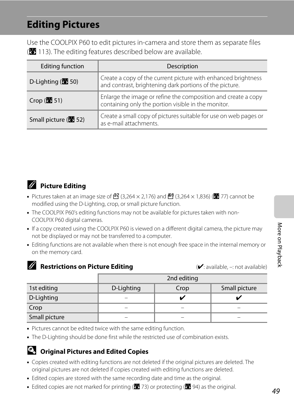 Editing pictures | Nikon P60 User Manual | Page 61 / 144