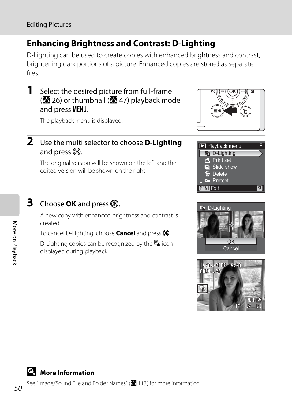 Enhancing brightness and contrast: d-lighting, Lighting, A 50) | Nikon P60 User Manual | Page 62 / 144