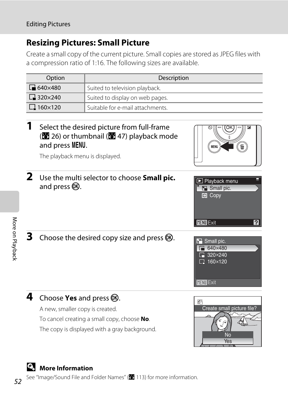 Resizing pictures: small picture, A 52) | Nikon P60 User Manual | Page 64 / 144