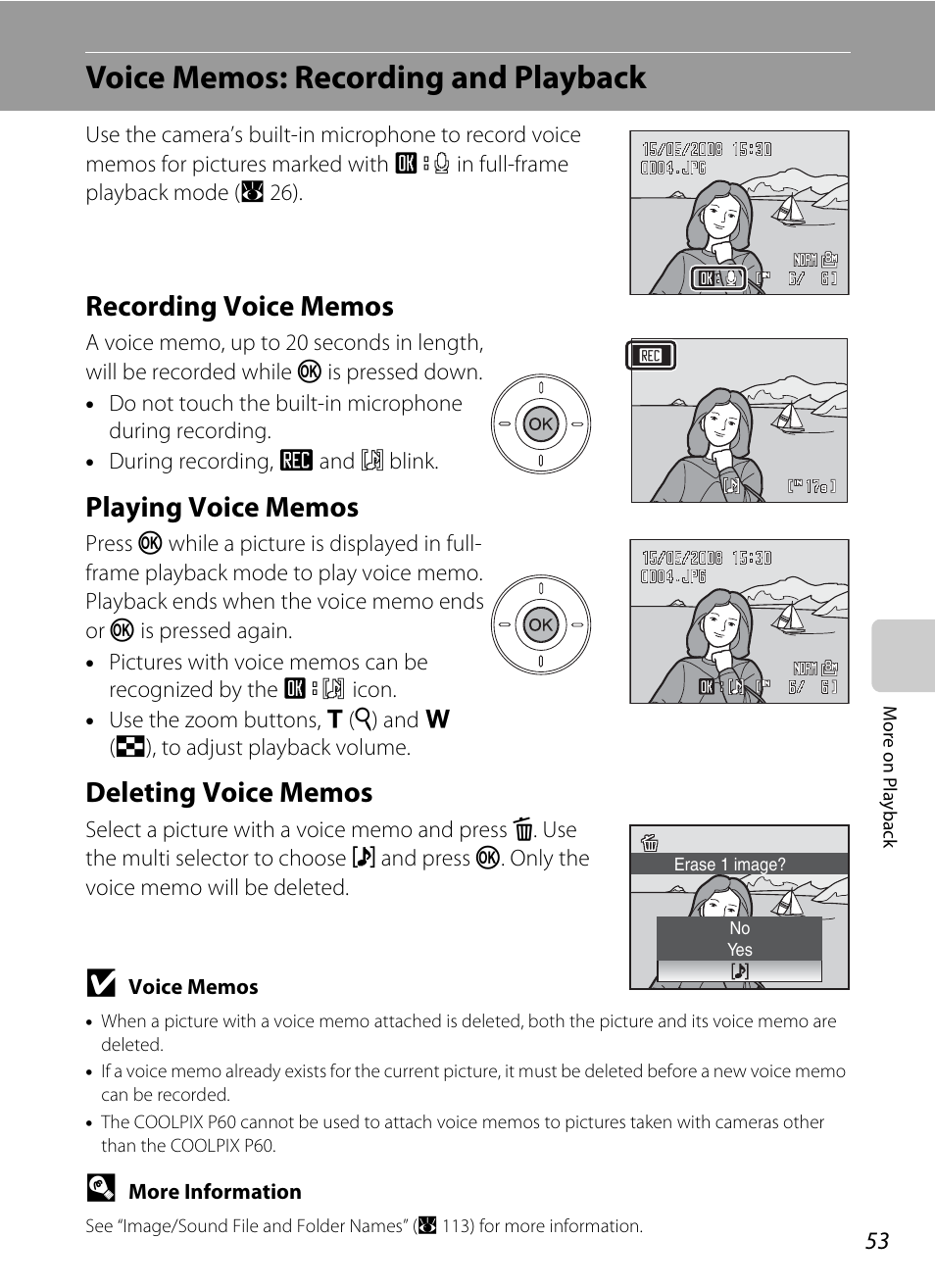 Voice memos: recording and playback, Recording voice memos, Playing voice memos | Deleting voice memos | Nikon P60 User Manual | Page 65 / 144