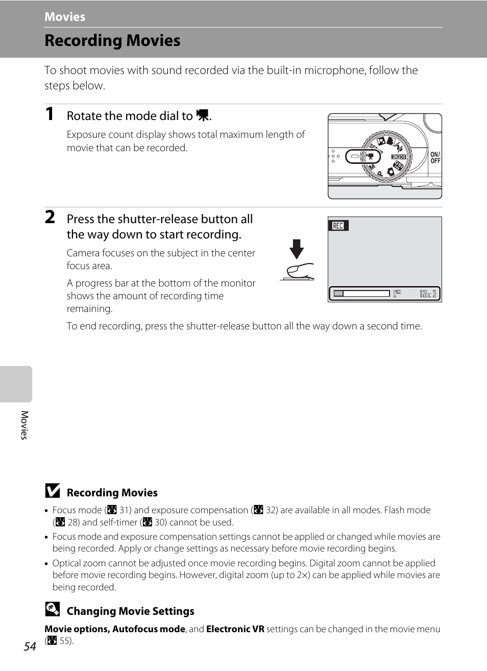 Movies, Recording movies, D movies | A 54) | Nikon P60 User Manual | Page 66 / 144