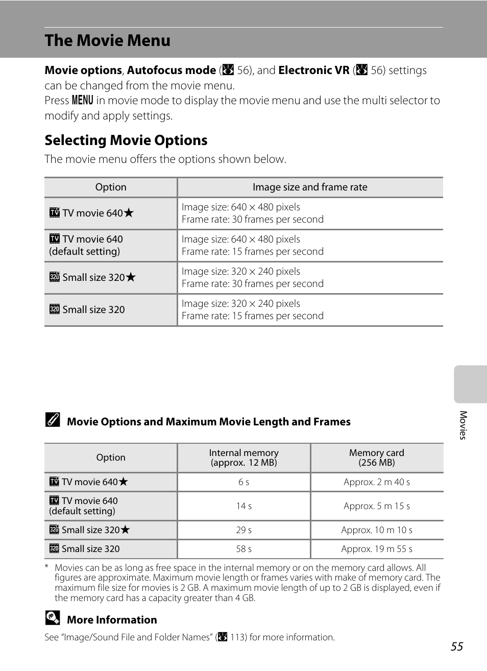 The movie menu, Selecting movie options, A 55) | Nikon P60 User Manual | Page 67 / 144