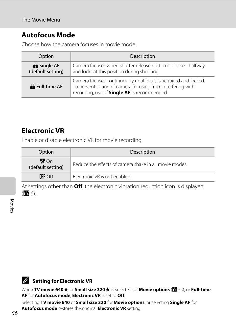 Autofocus mode, Electronic vr, Autofocus mode electronic vr | A 56, A 56) settin | Nikon P60 User Manual | Page 68 / 144