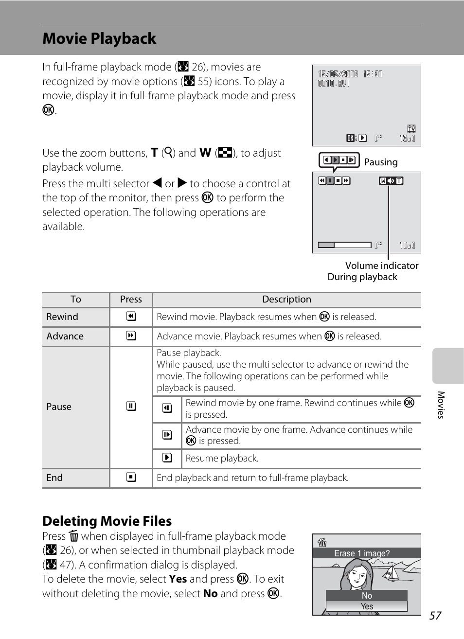 Movie playback, Deleting movie files | Nikon P60 User Manual | Page 69 / 144