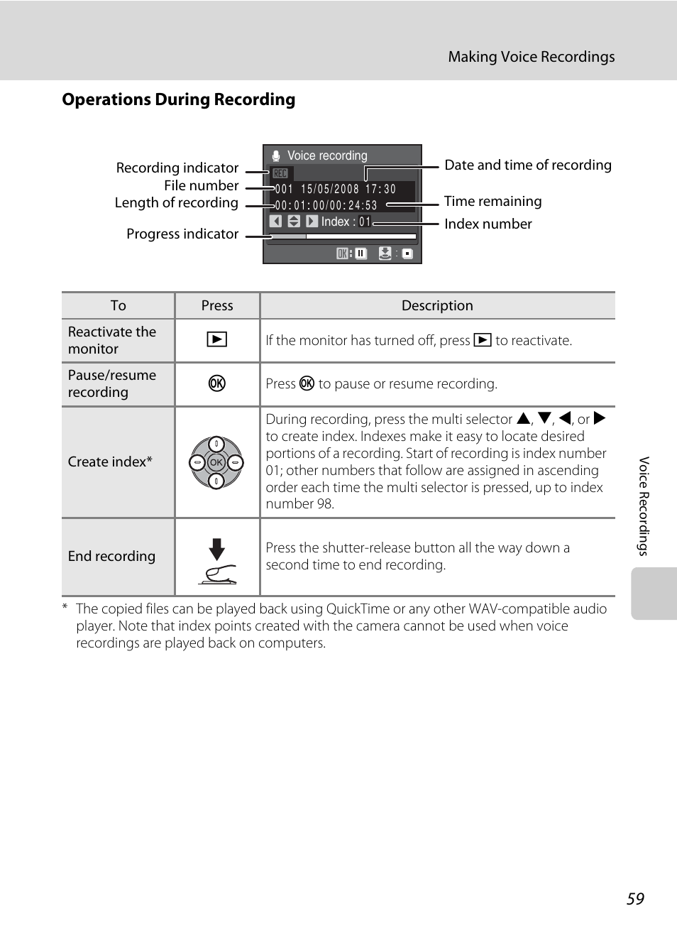 Operations during recording, A 59) for more | Nikon P60 User Manual | Page 71 / 144