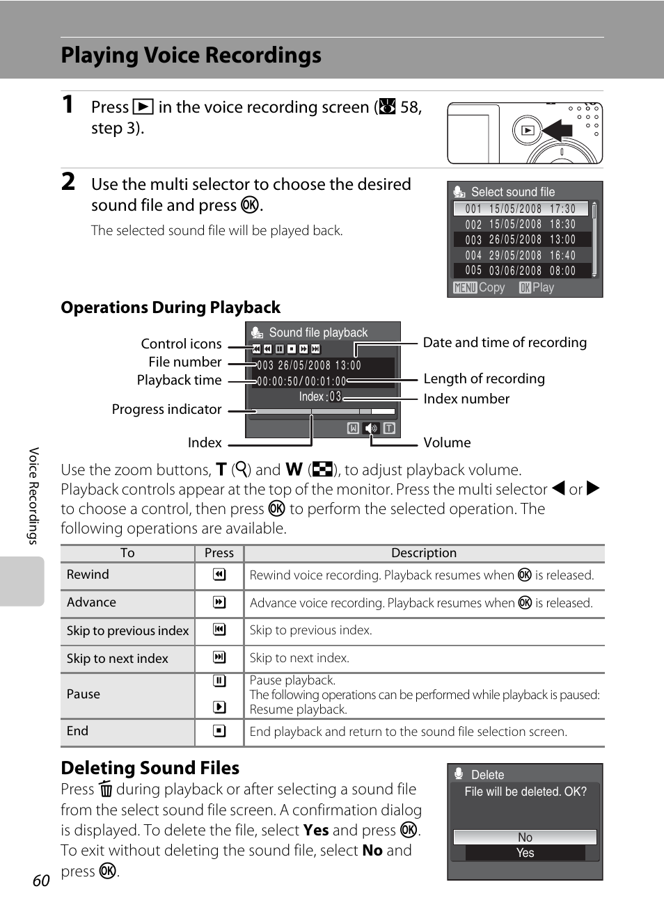 Playing voice recordings, Deleting sound files, Operations during playback | Nikon P60 User Manual | Page 72 / 144