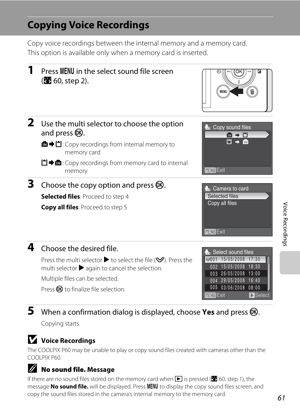 Copying voice recordings | Nikon P60 User Manual | Page 73 / 144