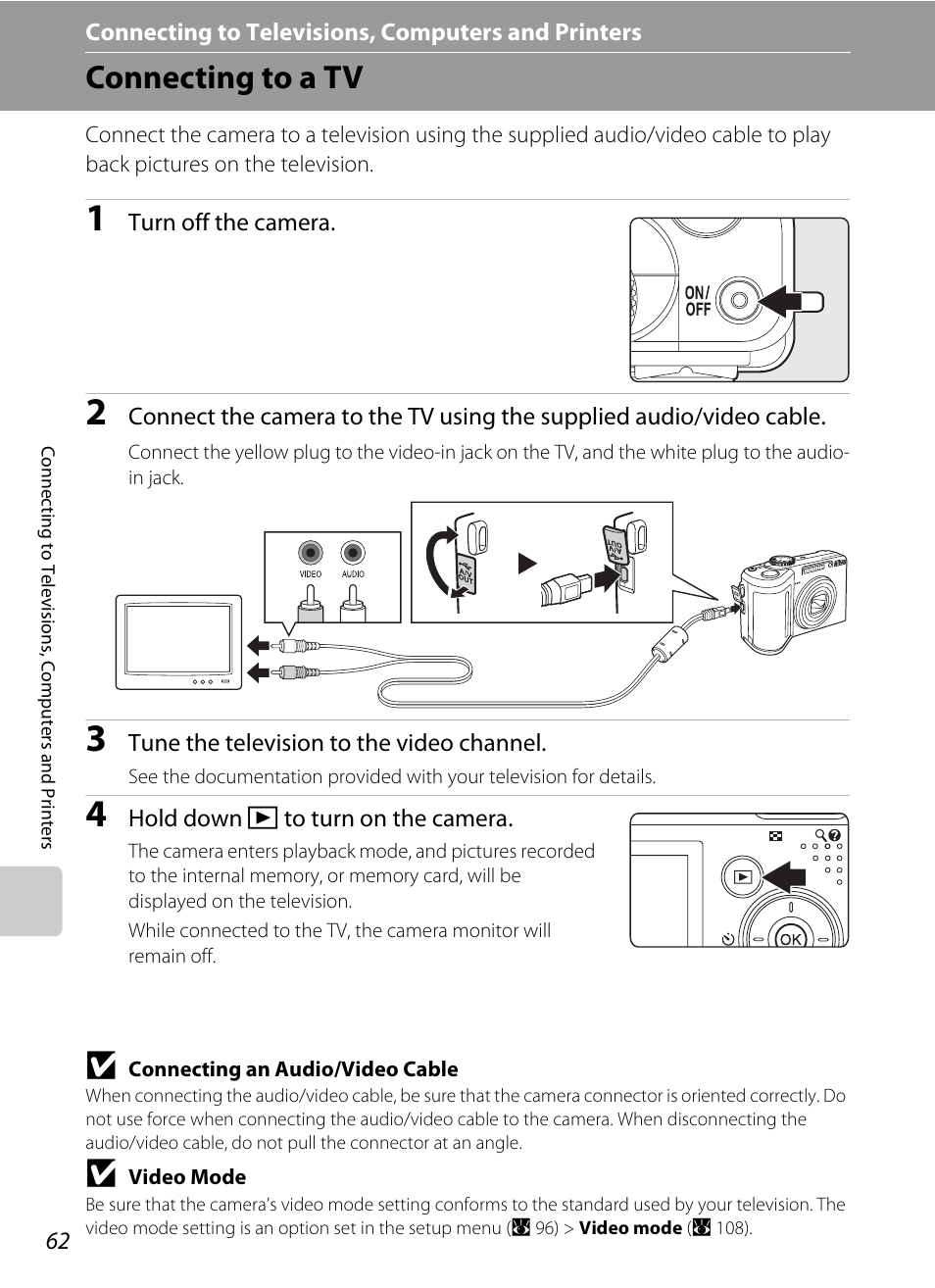 Connecting to televisions, computers and printers, Connecting to a tv | Nikon P60 User Manual | Page 74 / 144