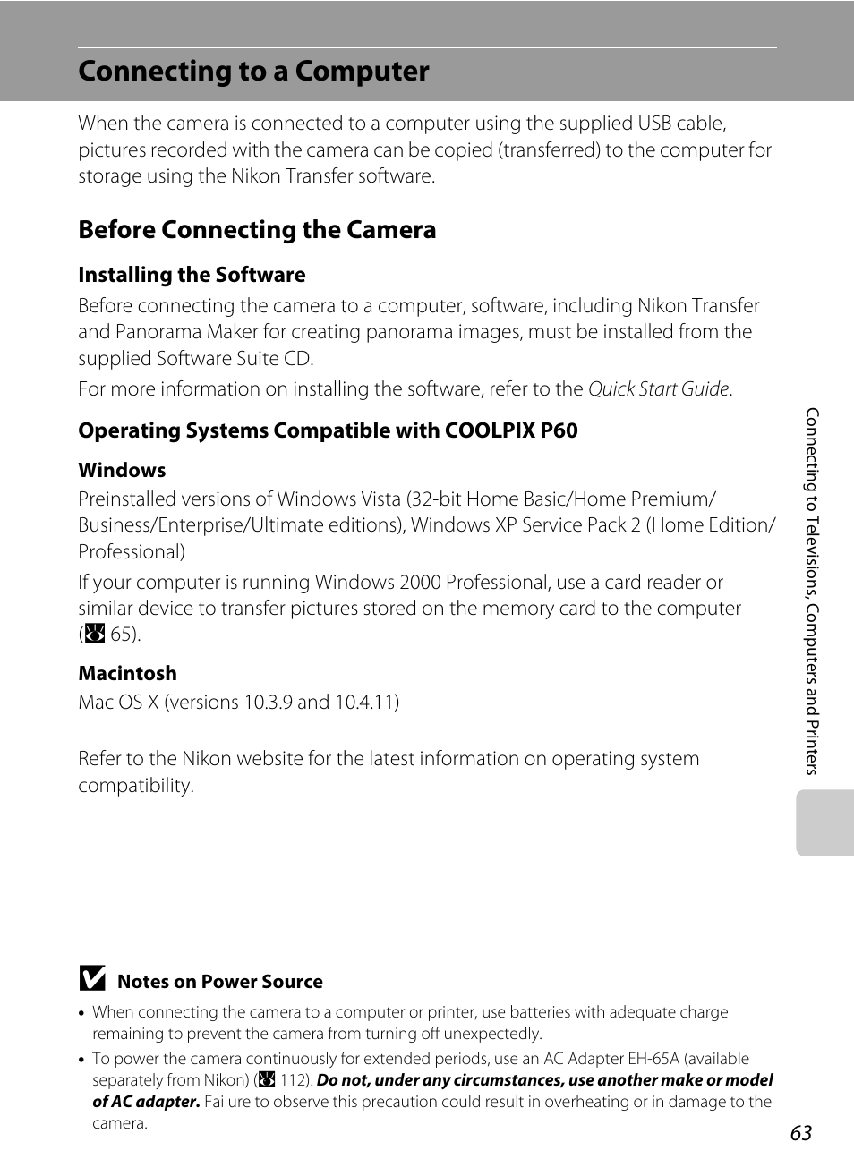 Connecting to a computer, Before connecting the camera, A 63) | Installing the software, Operating systems compatible with coolpix p60 | Nikon P60 User Manual | Page 75 / 144