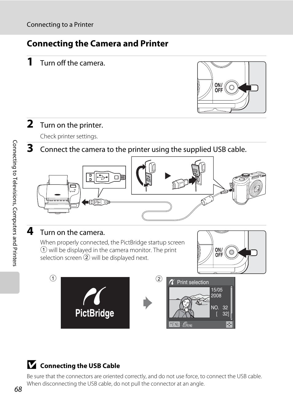 Connecting the camera and printer, A 68) | Nikon P60 User Manual | Page 80 / 144