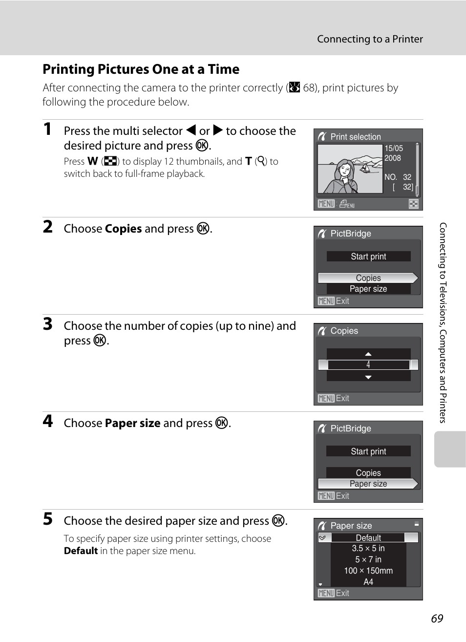 Printing pictures one at a time, A 69), Choose copies and press k | Choose paper size and press k, Choose the desired paper size and press k | Nikon P60 User Manual | Page 81 / 144