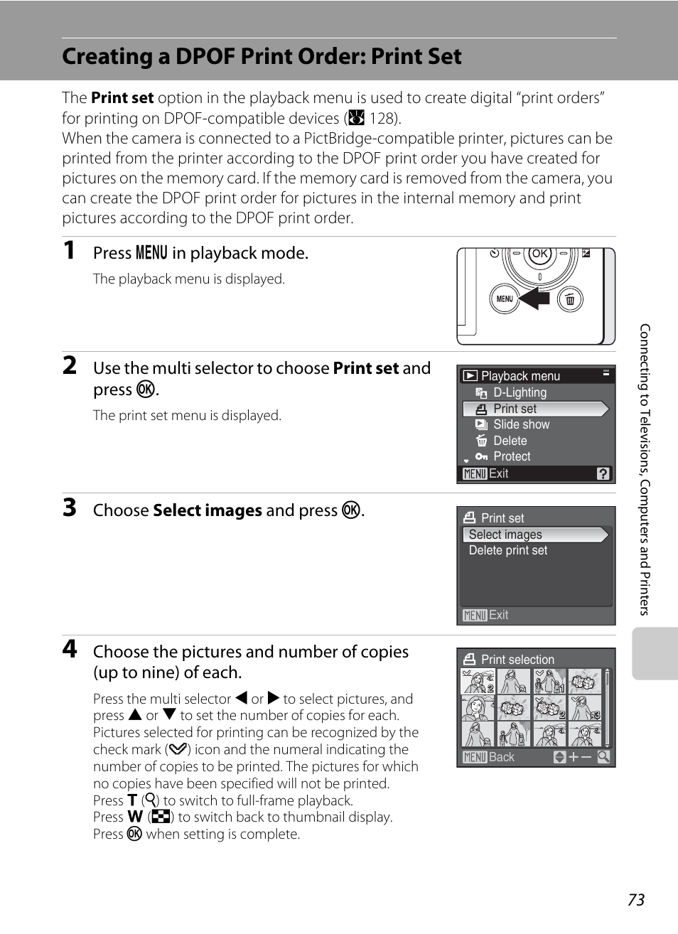 Creating a dpof print order: print set, A 73) and, A 73) | Press d in playback mode, Choose select images and press k | Nikon P60 User Manual | Page 85 / 144