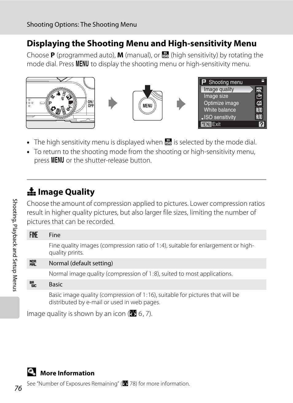 Image quality, A 76) and image size, A 76) | A 76, Q image quality | Nikon P60 User Manual | Page 88 / 144