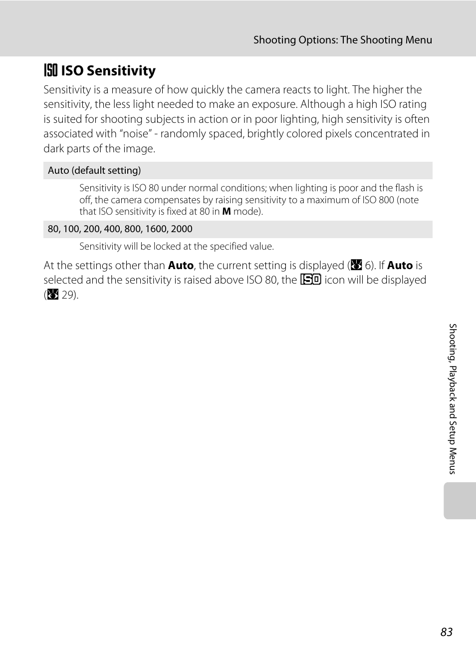 Iso sensitivity, E iso sensitivity, A 83 | Nikon P60 User Manual | Page 95 / 144