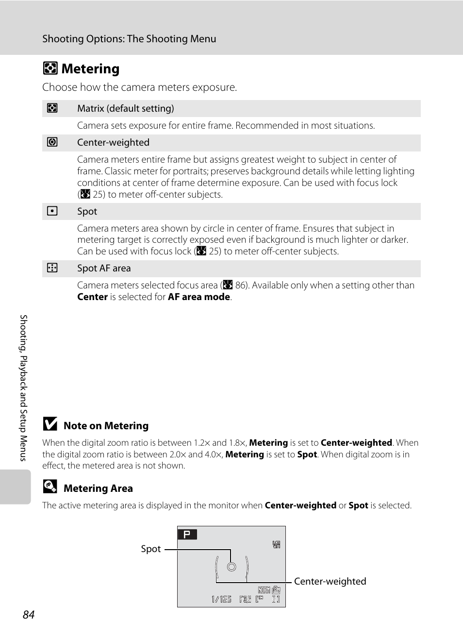 Metering, G metering, A 84 | Nikon P60 User Manual | Page 96 / 144