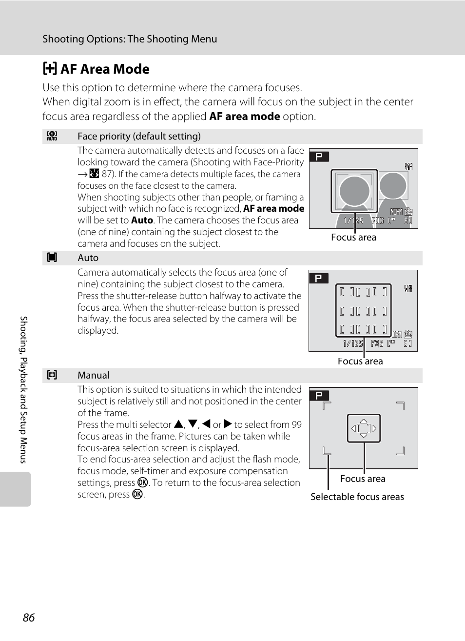 Af area mode, G af area mode, A 86). when | A 86) a, A 86), A 86, A 86). availa | Nikon P60 User Manual | Page 98 / 144