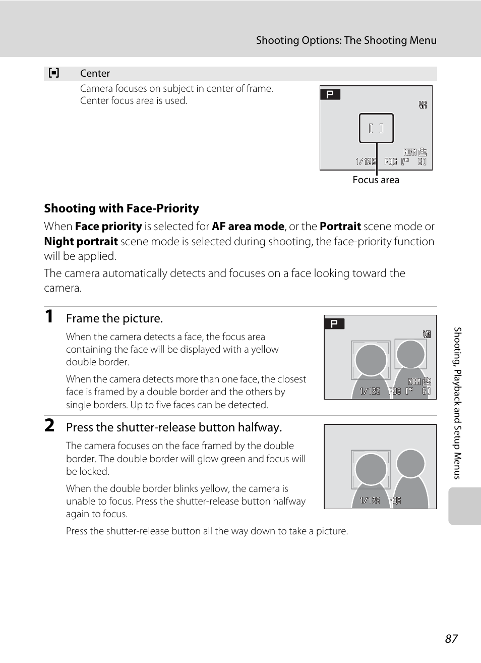 Ra (shooting with face-priority, A 87), Shooting with face-priority | Nd “shooting with face-priority” (a 87) f | Nikon P60 User Manual | Page 99 / 144