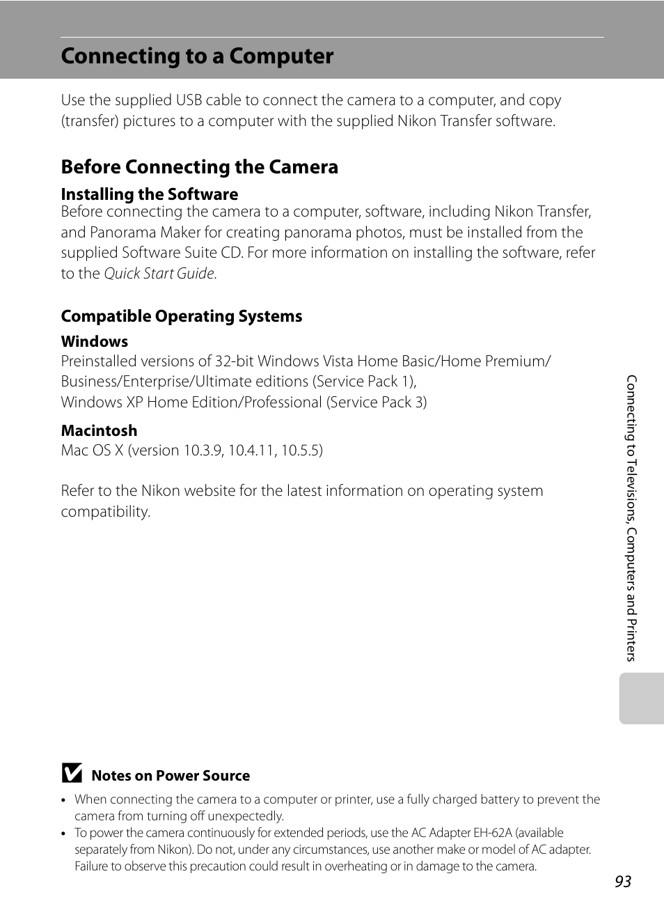 Connecting to a computer, Before connecting the camera, Installing the software | Compatible operating systems | Nikon P90 User Manual | Page 105 / 192
