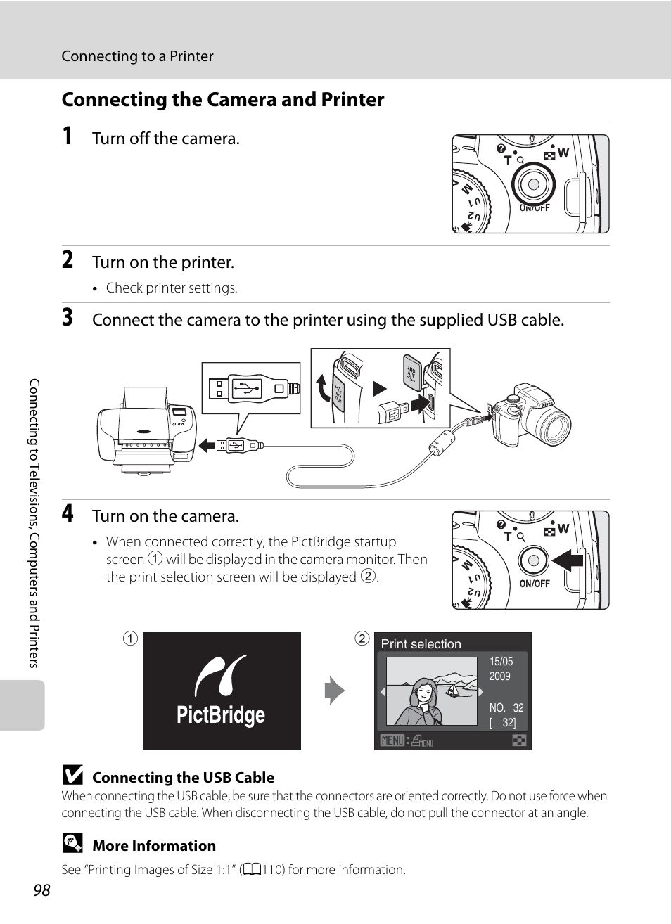 Connecting the camera and printer, A98) | Nikon P90 User Manual | Page 110 / 192
