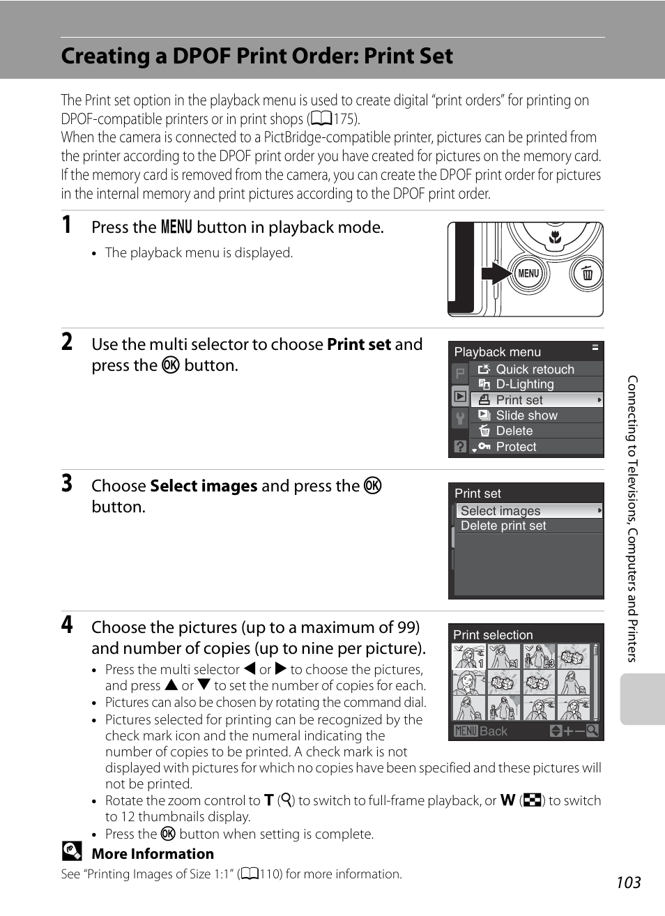 Creating a dpof print order: print set, A103) | Nikon P90 User Manual | Page 115 / 192