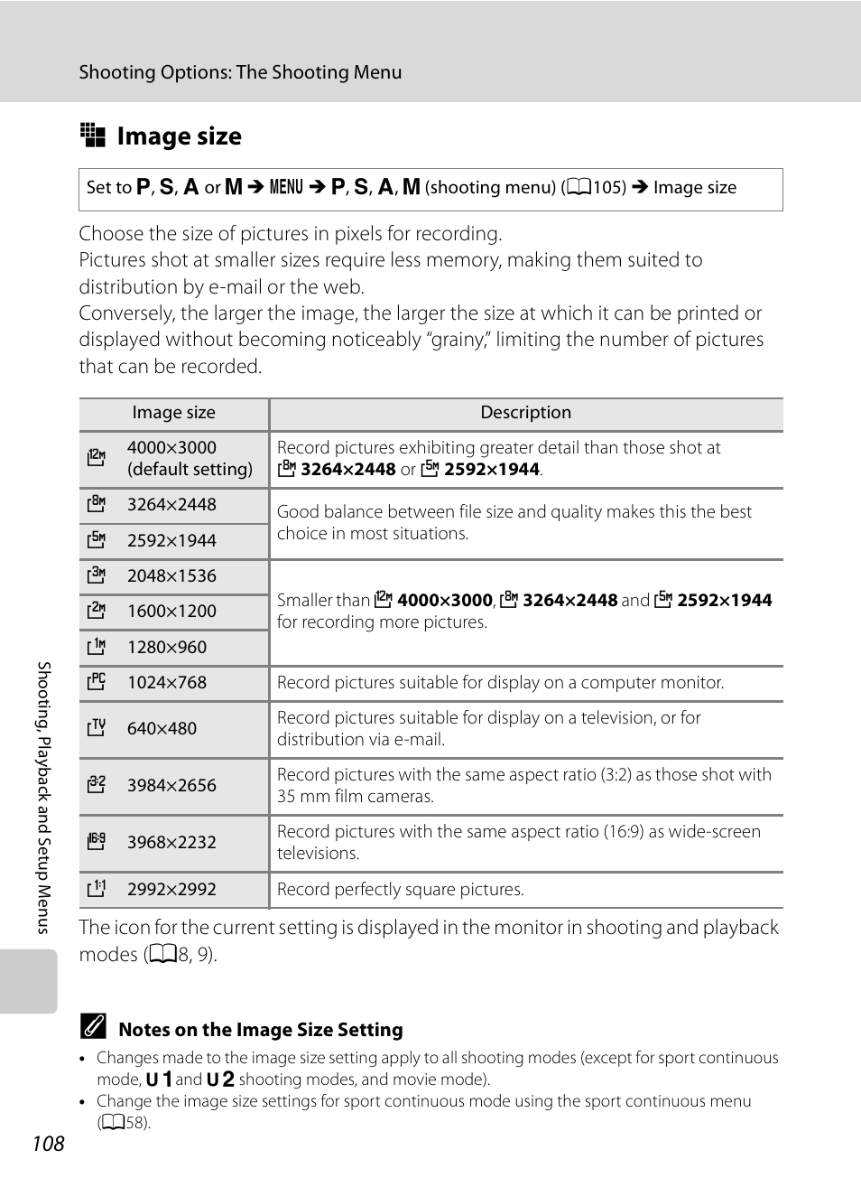 Image size, R image size, A108) | A108, S (a108 | Nikon P90 User Manual | Page 120 / 192